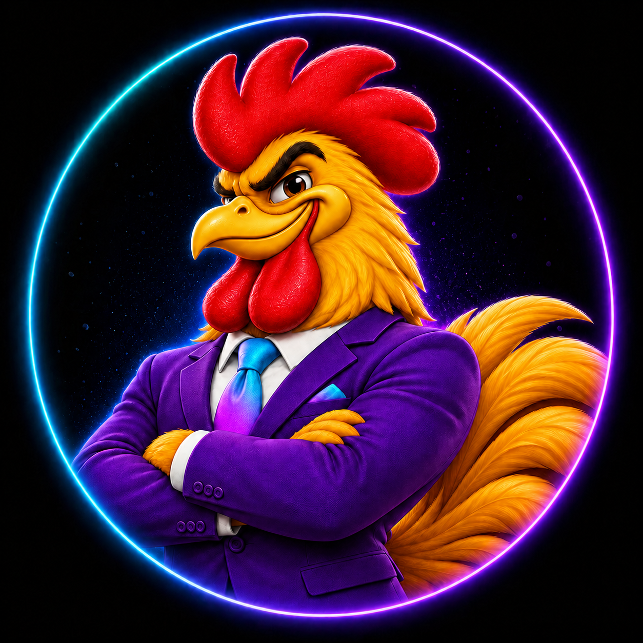 $CLUCK mascot: a confident rooster in a purple suit with a blue tie, arms crossed inside a neon Solana ring