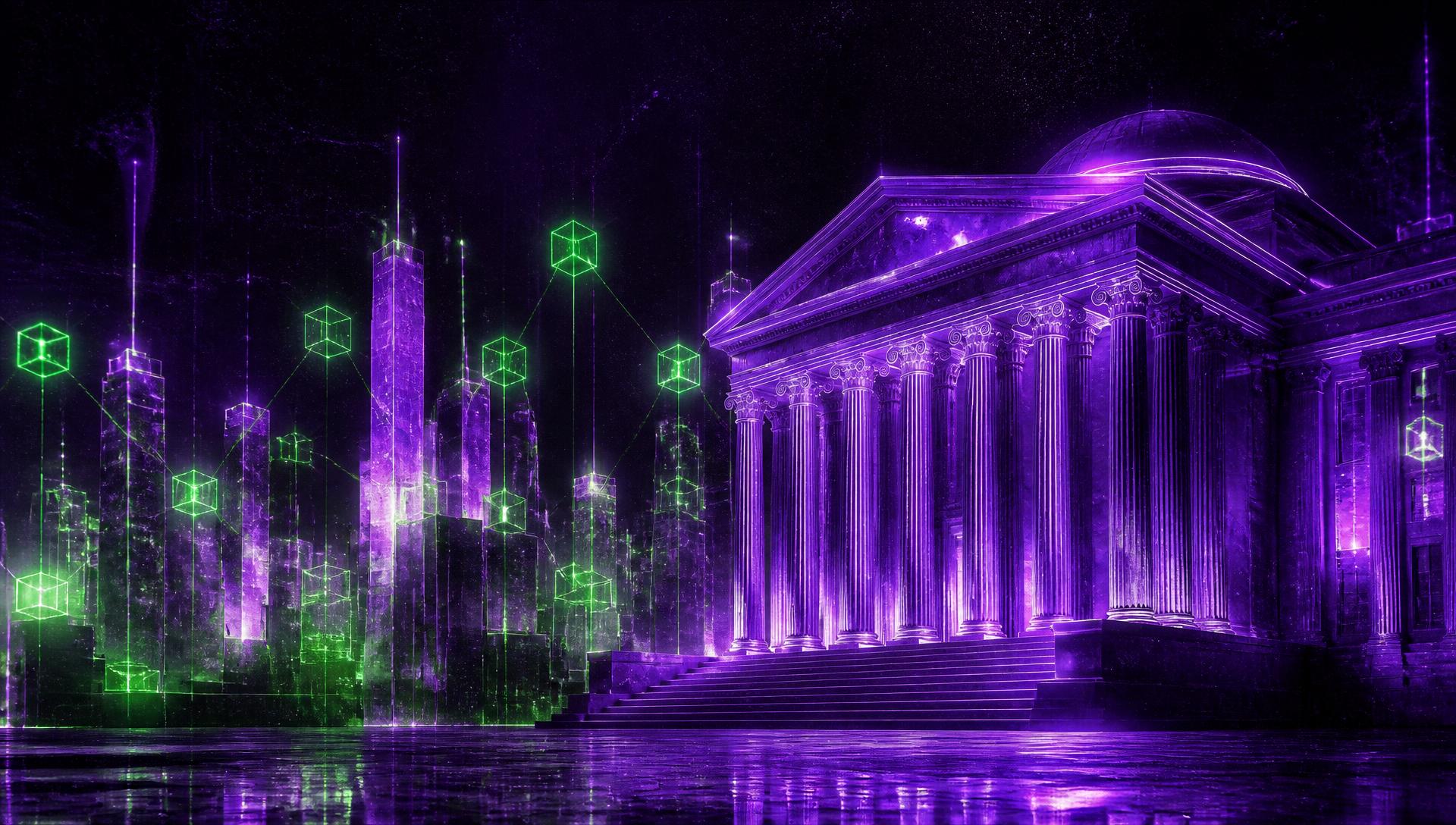 Neon purple government building beside a glowing blockchain skyline